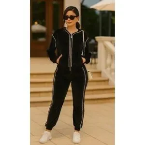 BRAND NEW WITH TAGS Black Ribbed Pearl Trim Velour Jogger Set with Hoodie